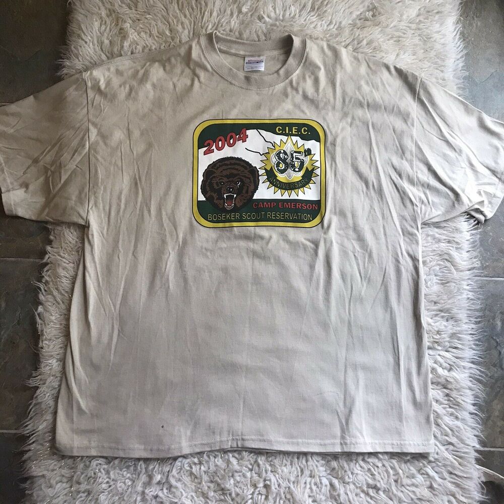 Boy Scouts T Shirt Mens Sz 2X Hanes Light Tan 2004 Camp Emerson 85th Anniversary
